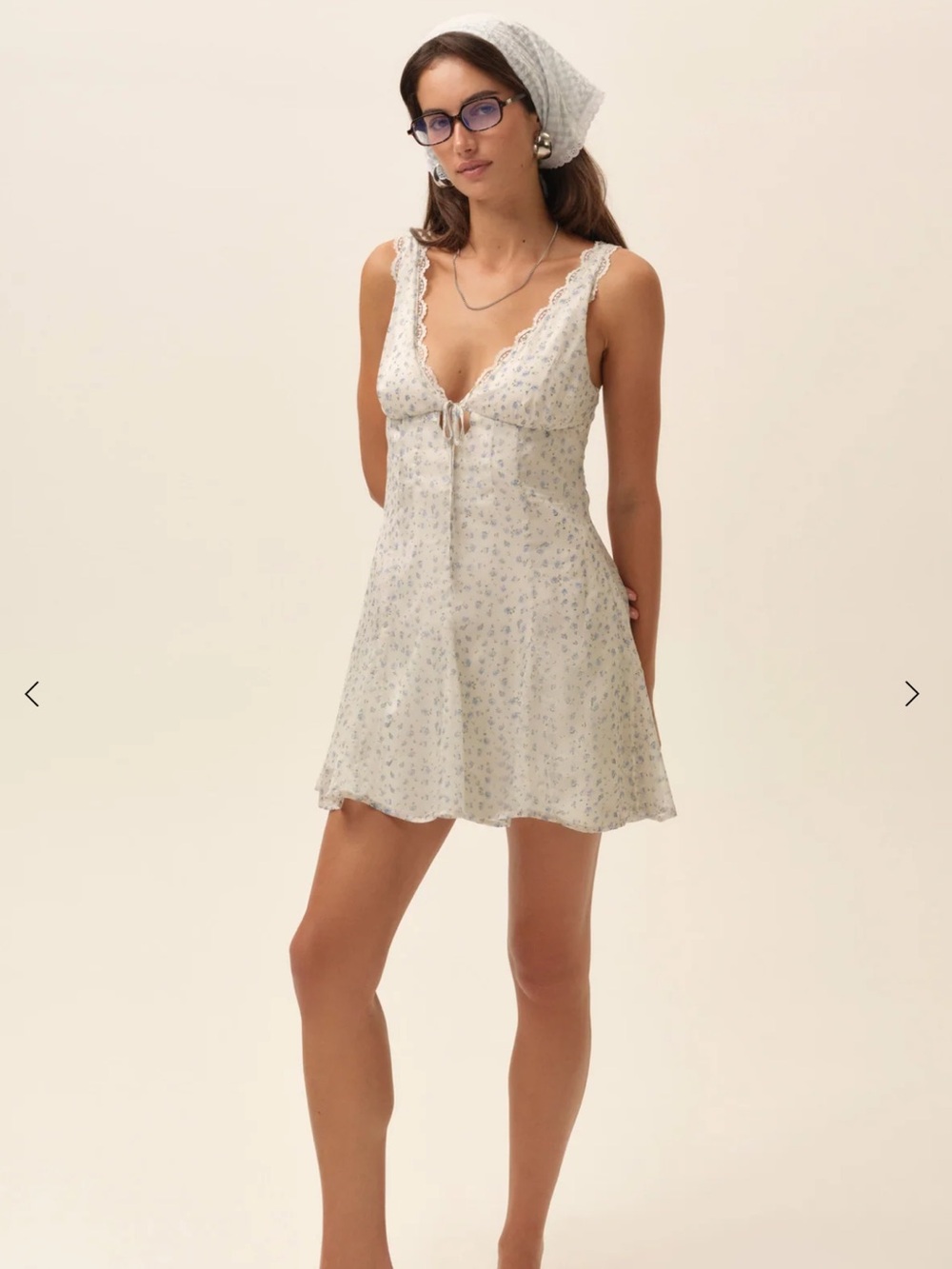 For Love & Lemons Cream Mini Slip Dress with Blue Floral Print